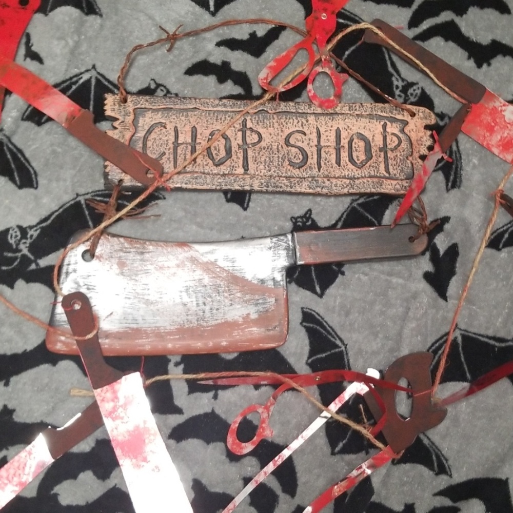 Halloween "Chop Shop" sign & bloody weapon Garland